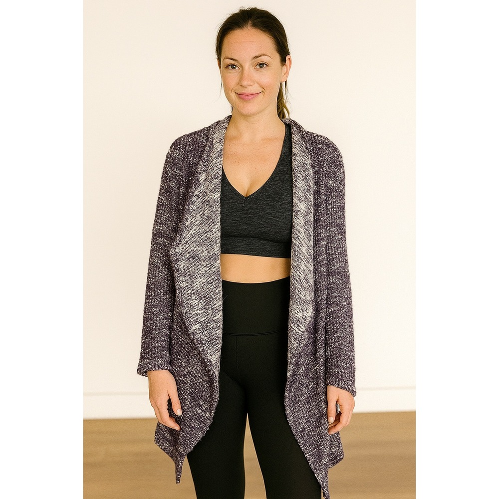 Fabletics Sweater Womens Large Purple Open Knit Long Line‎ Open Front Cardigan